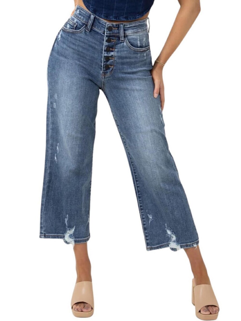 Judy Blue Jeans - 13/31 - Medium Wash H/W Button Fly Wide Leg Crop EUC
